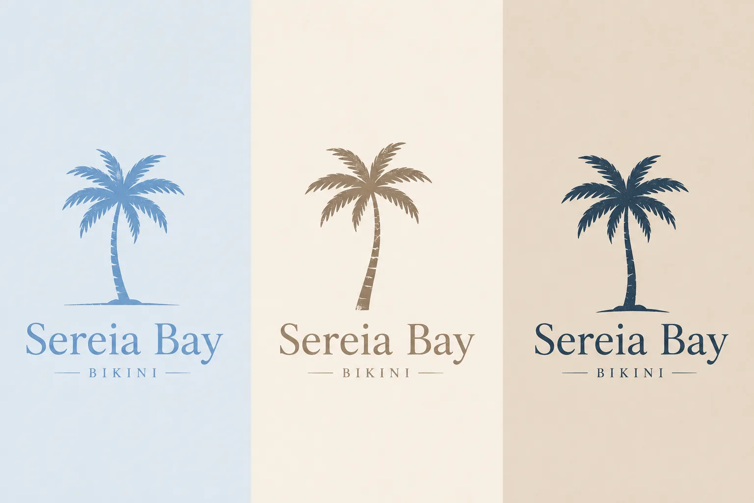 Three vintage Sereia Bay palm-tree identity studies in powder blue, sand, and deep navy